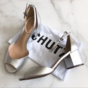 Schutz Roama Block Heel Sandal Silver Metallic 5.5